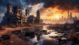 Post-apocalyptisch landschap met een verwoeste stad