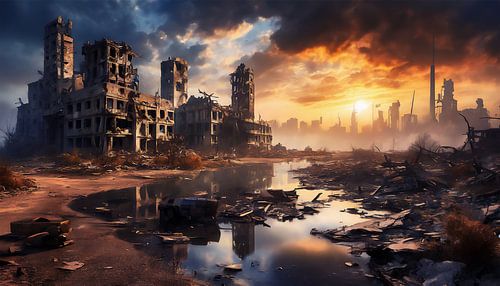 Post-apocalyptisch landschap met een verwoeste stad