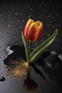 Tulp met Gouden Glitters op Zwarte Ondergrond van De Muurdecoratie