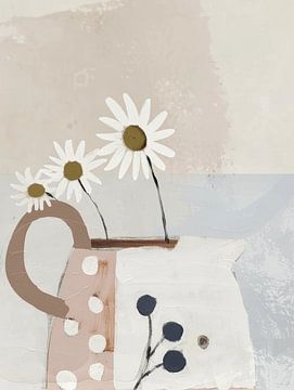 Trendige Illustration eines fröhlichen Stilllebens mit Blumen von Japandi Art Studio