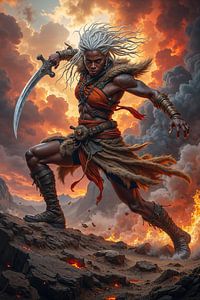 Dark Fantasy Wandbild: ZARAYA – Eine afrikanische Amazone auf einem brennenden Schlachtfeld