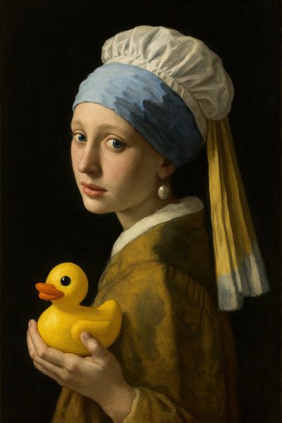 Fillette avec boucle d'oreille en perle et canard en caoutchouc par Poster Art Shop
