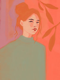 Between Colour and Tranquillity | A modern portrait of a woman in peach pink, mauve and soft green with botanical accents by Anna Benge
