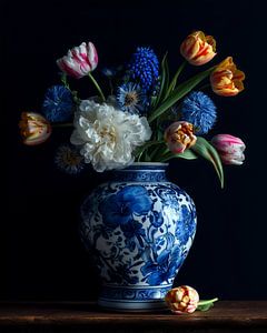 Delfts Blauwe Vaas met Tulpen Boeket
