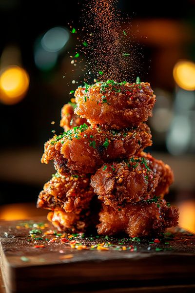 Crusty chicken bites on a wooden platter by Poster Art Shop
