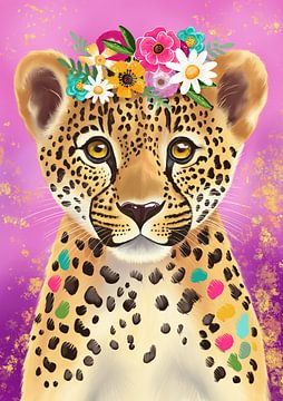 Leopard with flowers on a pink background by Aniet Illustration