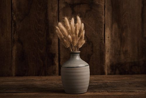 Vase with feathers in sepia by Raoul van Meel