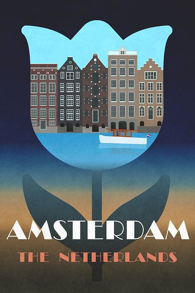 Amsterdam, affiche vintage avec maisons de canal dans une tulipe par Roger VDB