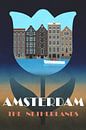 Amsterdam, affiche vintage avec maisons de canal dans une tulipe par Roger VDB Aperçu