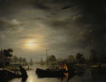 Een rivierlandschap bij zilveren maanlicht, Petrus van Schendel