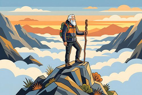 Senior Hiker on Mountain Peak at Sunset