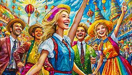 Fröhliche Menschengruppe beim Karnevalsumzug, Kunstdesign