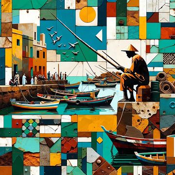 Collage/mozaïek van een Senegalese visser op Gorée eiland van Lois Diallo