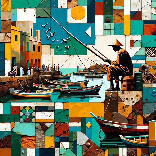 Collage/mozaïek van een Senegalese visser op Gorée eiland