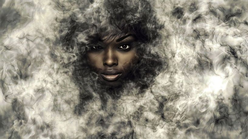 Vrouw met afro in mystieke rook van Frank Heinz