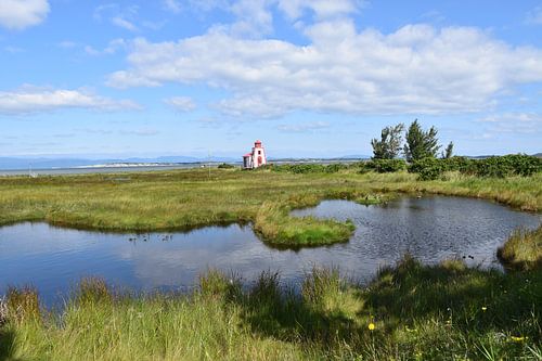 Een kleine vuurtoren aan de oever van de rivier