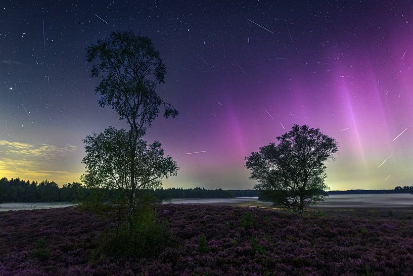 Magical Night on the Heath: Perseid rain and Northern Lights over a Mystical Landscape by Hevonax Photography