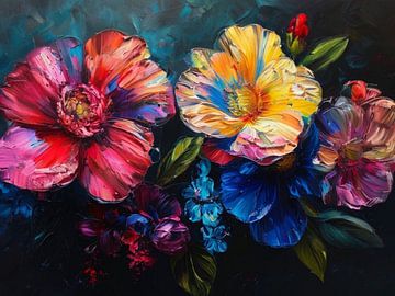 An Impasto Study of Radiant Blooms in the Midnight Garden by Artistic