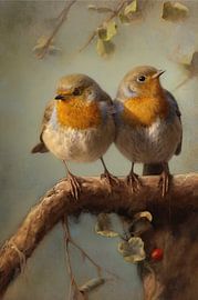 Rotkehlchen auf Zweig mit Herbstblättern