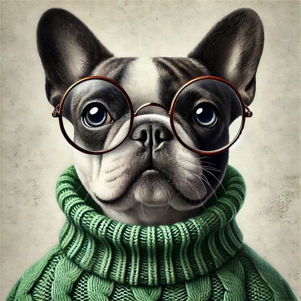 "Vérification du goutte-à-goutte ! Ce bouledogue français porte un pull à col roulé vert&amp;quot ; par Marijke Trienekens