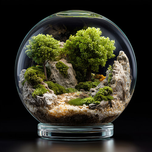 Miniaturlandschaft mit Felsen und Bäumen in einer Glaskugel