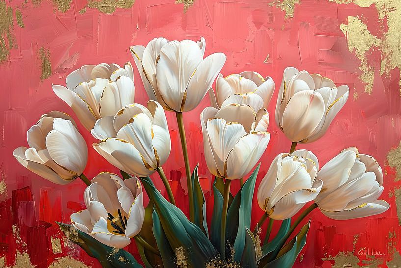 Weiße Tulpen | Rote Eleganz Gold von Blumen Studio