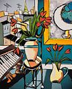 Tulpen am alten Klavier, mit Bild mit blauen Orangen, über den Dächern von Paris von ATELIER DE JIEL Miniaturansicht