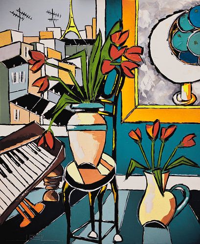 Tulpen am alten Klavier, mit Bild mit blauen Orangen, über den Dächern von Paris