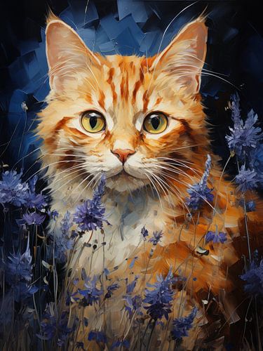 Rode kat met bloemen in moderne kunststijl