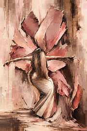 Blumenbild mit Frau | Abstrakte Blumenkunst in Altrosa und warmen Erdtönen