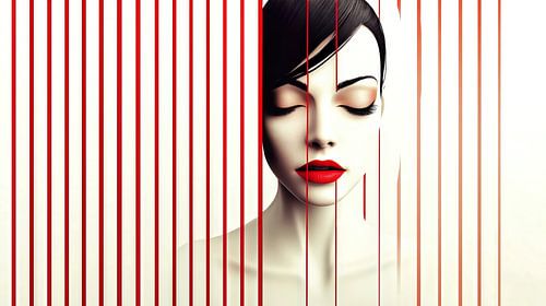 Surrealistisch portret achter rode lijnen