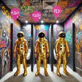Astronauts on a secret mission: float for the soul, flush for reality and fly for a dignified exit by AidasignArt