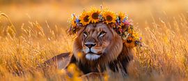 Lion with sunflower wreath in the savannah by Poster Art Shop