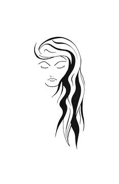 Zwart-wit tekening van gezicht van vrouw met lang haar van Wandersti