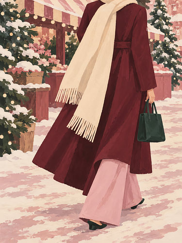Femme vêtue d'un manteau bordeaux et d'une écharpe