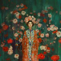 Elegante Vrouw in Traditionele Kimono omringd door Bloemen