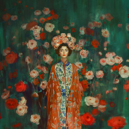 Elegante Frau im traditionellen Kimono, umgeben von Blumen