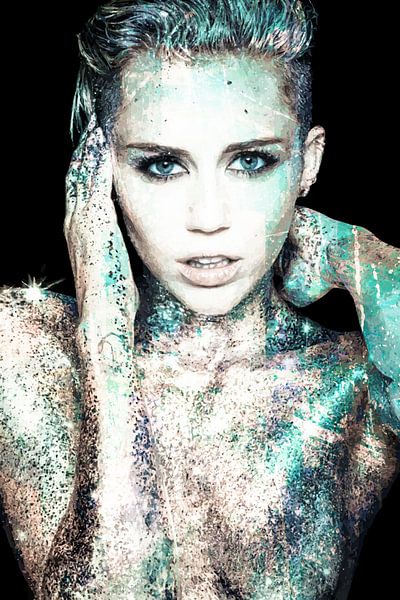 Miley Cyrus Modernes abstraktes Porträt in Silber Blau von Art By Dominic