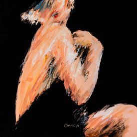 Vrouw met ontblote schouder op zwarte achtergrond - acryl op papier. van Galerie Ringoot