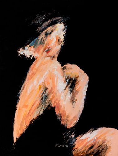 Vrouw met ontblote schouder op zwarte achtergrond - acryl op papier.