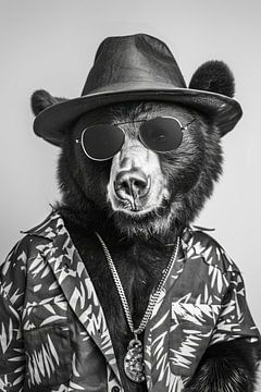Gestileerde beer met hoed en zonnebril in zwart en wit van Felix Brönnimann