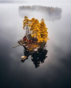 Einsame Insel mit Haus und Boot im Nebel