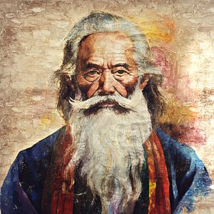 Portrait d'un vieil homme japonais avec barbe (art, empâtement)