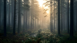 Sonnenstrahlen durch einen nebligen Kiefernwald von Henk Egbertzen