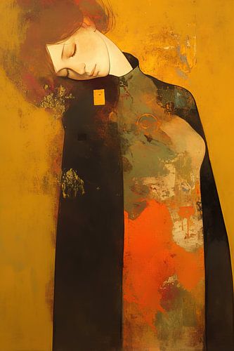 Frau mit gelbem Umhang | Frau in dunklem Umhang mit gelbem Umhang