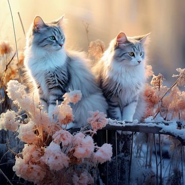 Twee katten genieten in het winter zonnetje van Karina Brouwer