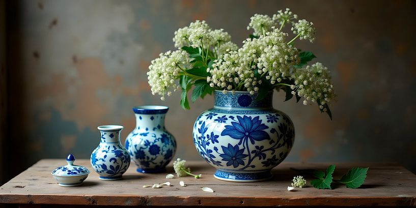 Zeitlose Eleganz: Delfter Blau Vasen mit Blumen von Sanne den Engelsman