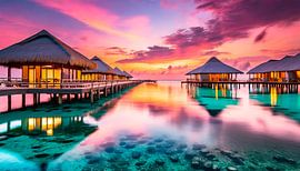 Bungalows in zee met zonsondergang