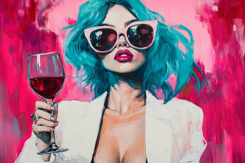 Femme Fatale mit Weinglas und pinkem Hintergrund von Poster Art Shop