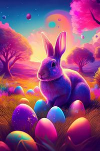 Osterhase mit bunten Ostereiern im Gras mit Birkenbäumen
